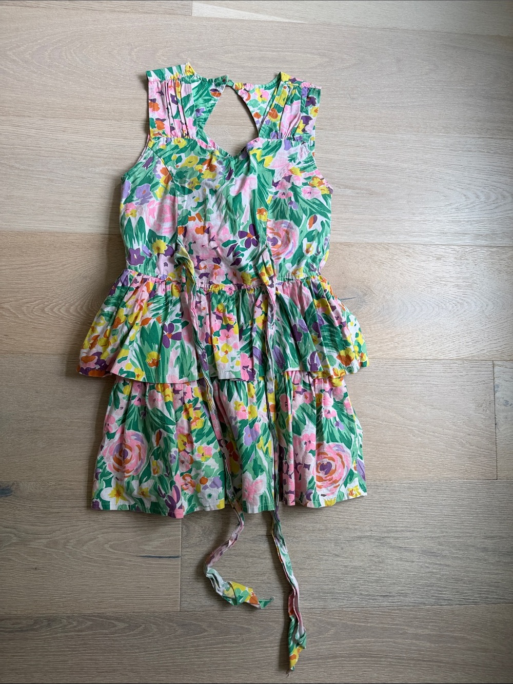 Vintage little miss Lana sz 9-10 Girls' Floral Tiered Tie-Waist Dress Green Pink